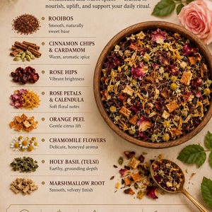 May include: A wooden bowl filled with a loose-leaf herbal tea blend containing rooibos, cinnamon, cardamom, rose hips, rose petals, calendula, orange peel, chamomile, holy basil, and marshmallow root, accompanied by a gold spoon and ingredient list.