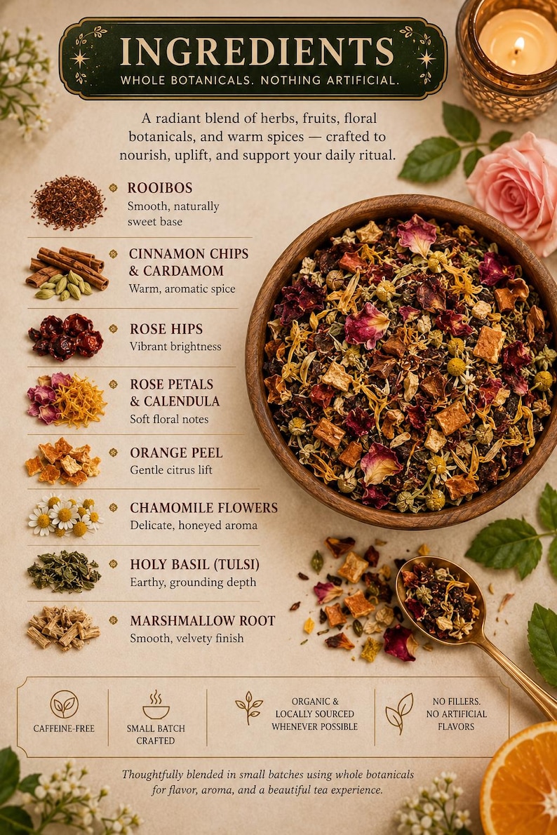 May include: A wooden bowl filled with a loose-leaf herbal tea blend containing rooibos, cinnamon, cardamom, rose hips, rose petals, calendula, orange peel, chamomile, holy basil, and marshmallow root, accompanied by a gold spoon and ingredient list.