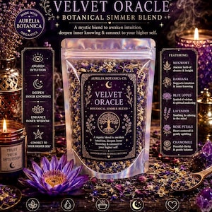May include: A clear pouch of Velvet Oracle botanical simmer blend featuring a dark purple label with gold text and a tree illustration. The blend contains dried blue lotus, lavender, rose petals, mugwort, damiana, and chamomile flowers.