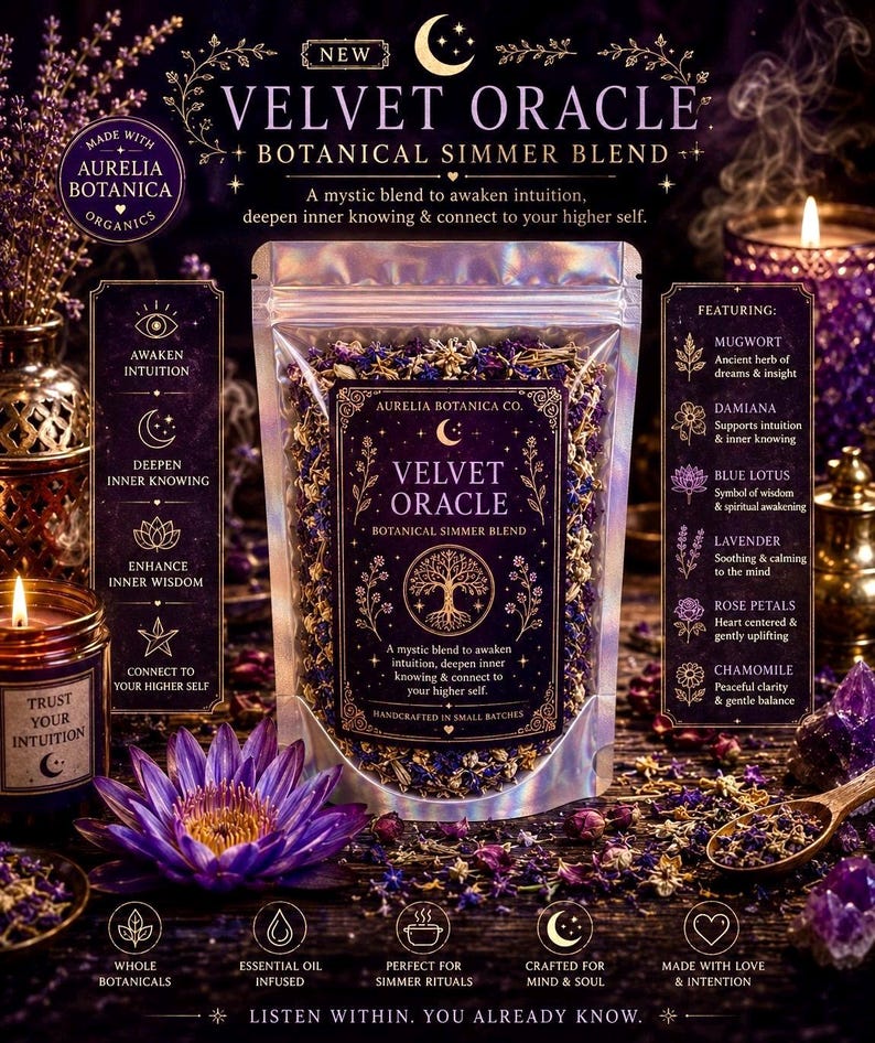 May include: A clear pouch of Velvet Oracle botanical simmer blend featuring a dark purple label with gold text and a tree illustration. The blend contains dried blue lotus, lavender, rose petals, mugwort, damiana, and chamomile flowers.