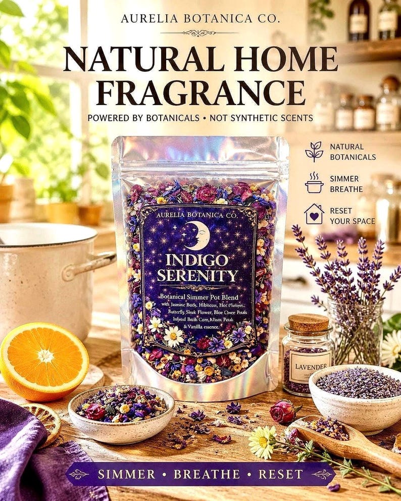May include: A silver holographic pouch labeled AURELIA BOTANICA CO. INDIGO SERENITY containing a dried botanical simmer pot blend of blue, purple, red, and white flowers. The label features a crescent moon and star design with text listing ingredients like jasmine buds, hibiscus, and vanilla essence.