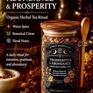 May include: A glass jar filled with loose leaf herbal tea, featuring a wooden lid and a wooden spoon. The black label reads AURELIA BOTANICA CO., PROSPERITY & ABUNDANCE, LOOSE LEAF HERBAL TEA, with ingredients listed as Hibiscus, Orange Peel, Rose Petals, Chamomile, Calendula & Lemongrass.