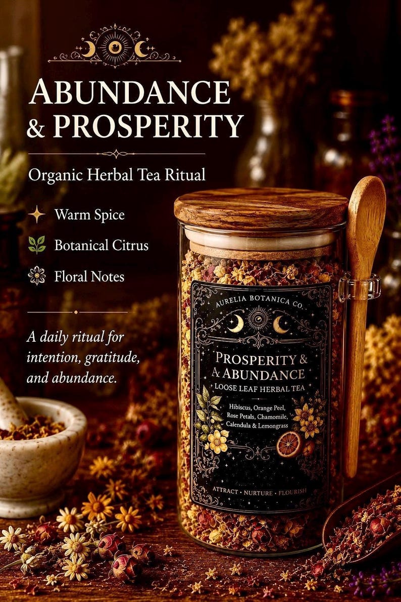 May include: A glass jar filled with loose leaf herbal tea, featuring a wooden lid and a wooden spoon. The black label reads AURELIA BOTANICA CO., PROSPERITY & ABUNDANCE, LOOSE LEAF HERBAL TEA, with ingredients listed as Hibiscus, Orange Peel, Rose Petals, Chamomile, Calendula & Lemongrass.