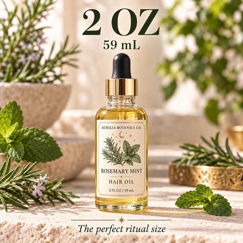 K&ouml;nnte beinhalten: Eine klare Glasflasche mit Rosemary Mint Haar&ouml;l von Aurelia Botanica Co. mit goldenem Tropfverschluss. Das Etikett zeigt botanische Illustrationen von Rosmarin und Minze, eine Mondsichel und den Text 59 mL. Das &Ouml;l ist goldgelb gef&auml;rbt.