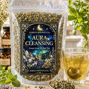 Peut inclure: Un sachet holographique de tisane en vrac Aura Cleansing par Aurelia Botanica Co. L'étiquette présente un ciel étoilé, des cristaux et des fleurs. Le sachet contient 113 grammes d'herbes séchées, avec une boule à thé dans un verre à côté.