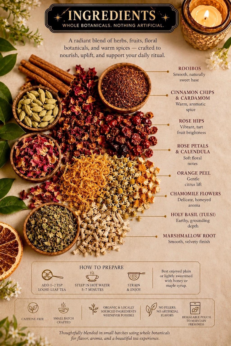 May include: An informational graphic displaying tea ingredients including rooibos, cinnamon, cardamom, rose hips, rose petals, calendula, orange peel, chamomile, holy basil, and marshmallow root. Text includes INGREDIENTS, HOW TO PREPARE, and preparation steps.