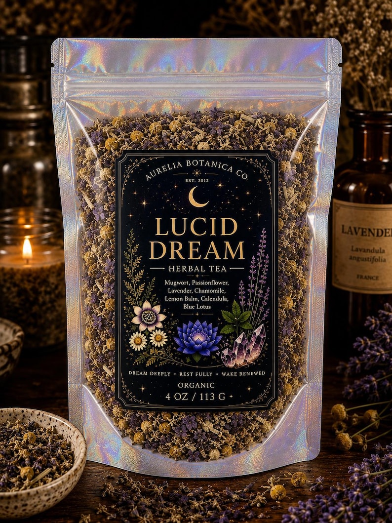 Peut inclure: Un sachet holographique de tisane Lucid Dream par Aurelia Botanica Co. L'&eacute;tiquette pr&eacute;sente un croissant de lune, un lotus bleu et des cristaux. Les ingr&eacute;dients incluent armoise, passiflore, lavande, camomille, m&eacute;lisse, souci et lotus bleu. Poids net 113 g.