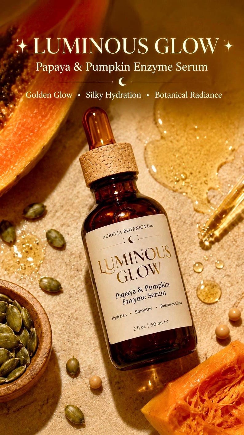 K&ouml;nnte beinhalten: Eine braune Glasflasche Luminous Glow Papaya & K&uuml;rbis Enzym Serum mit einer Pipette und einem Korkverschluss. Das Bild enth&auml;lt Papaya, K&uuml;rbis und K&uuml;rbiskerne. Text: Hydratisiert, Gl&auml;ttet, Stellt den Glanz wieder her, 60 ml e.