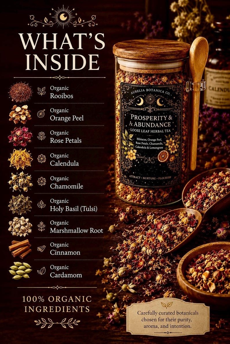 May include: A glass jar of Prosperity & Abundance loose leaf herbal tea with a wooden lid and spoon. The label lists ingredients including hibiscus, orange peel, rose petals, chamomile, calendula, and lemongrass. The text reads What's Inside.