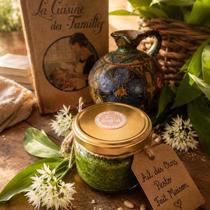 Può includere: Un barattolo di vetro riempito con pesto di aglio orsino, chiuso da un coperchio dorato con un adesivo rotondo con la scritta Fait main. Un cartellino di carta marrone legato con spago riporta la scritta Ail des Ours Pesto Fait Maison e un cuore.