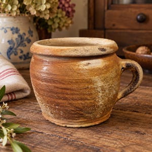 Peut inclure: Une tasse en terre cuite ronde avec un bord épais et roulé et une anse unique. L'extérieur présente un vernis moucheté et patiné dans des tons brun et beige, avec des stries horizontales visibles et un fini vieilli sur toute la surface.