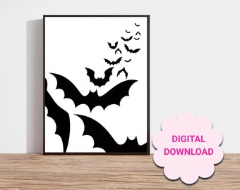 bats digital art, black and white wall art, instant download, printable Halloween art, Halloween decor, creepy wall art, spooky, art print