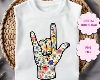 Fleurs sauvages ASL je t'aime signe de la main PNG, main asl, sublimation sourde ASL, clipart floral main asl, langue des signes américaine png, floral d'été