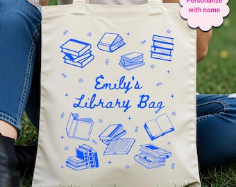 Personalized Library Bag, Child Name Library Tote Bag, Custom name Cotton Canvas Tote Bag, Bookish gift, Book reader gift, Teacher gift