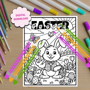 Puede incluir: Página para colorear en blanco y negro con temática de Pascua con un conejito sosteniendo una canasta de huevos, rodeado de flores y mariposas. La palabra "EASTER" está escrita en lenguaje de señas. Las palabras "DESCARGA DIGITAL" están en una nube rosa.