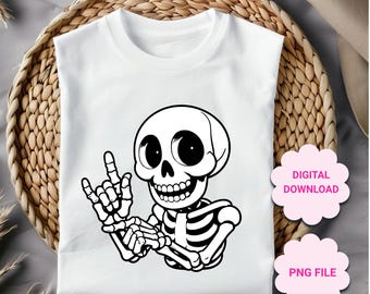 May include: A white t-shirt with a black and white cartoon skeleton wearing a smile and giving a rock and roll hand gesture. The text "DIGITAL DOWNLOAD" and "PNG FILE" are in pink boxes on the image.