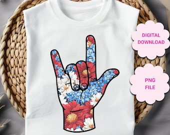 Fleurs bleues rouges blanches patriotique ASL Je t'aime signe de la main PNG, sublimation sourde à la main ASL, clipart floral asl, langue des signes américaine png