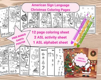 Pagine da colorare stampabili di Natale in ASL, alfabeto ABC in ASL e poster di Babbo Natale in ASL, scheda di attività in ASL per bambini, attività natalizie con le dita in ASL
