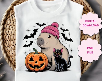 ハロウィンのカピバラと黒猫のPNG、かわいいカピバラのハロウィンpng、不気味なpng、ハロウィン昇華、面白いカピバラのpng、トリックオアトリートのpng