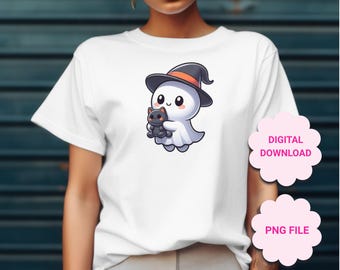 cute ghost png, halloween png, coffee mug png, spooky vibes png, ghost with toy cat png, sublimation, ghost with witch hat design, dtf, png