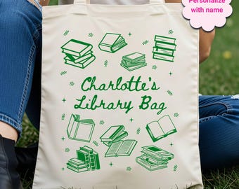 Personalized Library Bag, Child Name Library Tote Bag, Custom name Cotton Canvas Tote Bag, Bookish gift, Book reader gift, Teacher gift