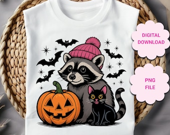 Halloween Raccoon and black cat PNG, Cute Raccoon Halloween png, Spooky Halloween sublimation, funny Raccoon png, feral trick or treat png