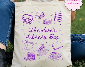 Personalized Library Bag, Child Name Library Tote Bag, Custom name Cotton Canvas Tote Bag, Bookish gift, Book reader gift, Teacher gift