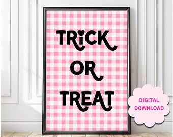 Impresión de truco o trato, imprimible de Halloween, arte de pared de Halloween rosa, diseño de Halloween coqueto, decoración de Halloween, arte de pared digital de Halloween