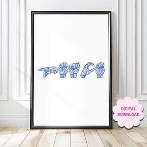 ASL PEACE afdrukbare muurkunst, blauwe toile chinoiserie asl poster, doof print decor, ASL kunst aan de muur, doven kamer decor, dove d/hh muur art print