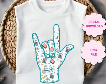 Rentrée des classes ASL je t'aime signe de la main PNG, sublimation des sourds à la main ASL, clipart enseignant sourd asl png, premier jour d'école des sourds d/hh png