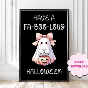 Pink Bow Ghost Wall Art, Coquette Halloween printable, Cute Ghost with pink bow decor, Halloween Decor, Girl Art, Girls Halloween Wall Art