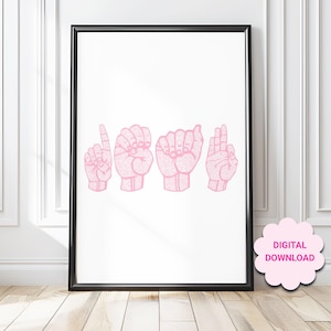 Afdrukbare muurkunst ASL DEAF, roze kantposter, dovenafdrukdecor, ASL-muurkunst, inrichting slaapzaal voor doven, kunst aan de muur dove doven