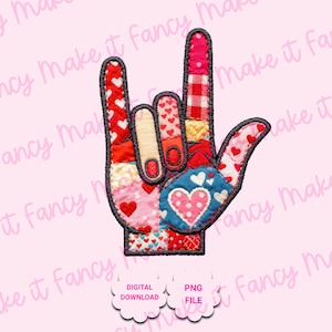 May include: A colorful, patchwork-style hand gesture with the fingers extended in a rock-and-roll sign. The design incorporates various patterns, including hearts and gingham, in shades of red, pink, and blue. The words "DIGITAL DOWNLOAD" and "PNG FILE" are also visible.