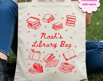 Personalized Library Bag, Child Name Library Tote Bag, Custom name Cotton Canvas Tote Bag, Bookish gift, Book reader gift, Teacher gift