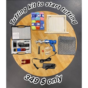 May include: A tufting kit with a blue tufting gun, yarn in various colors, a wooden frame, and a black carrying case. The kit includes a power supply, a red tool, and a gray rug backing. Text on the image reads "Tufting kit to start tufting."