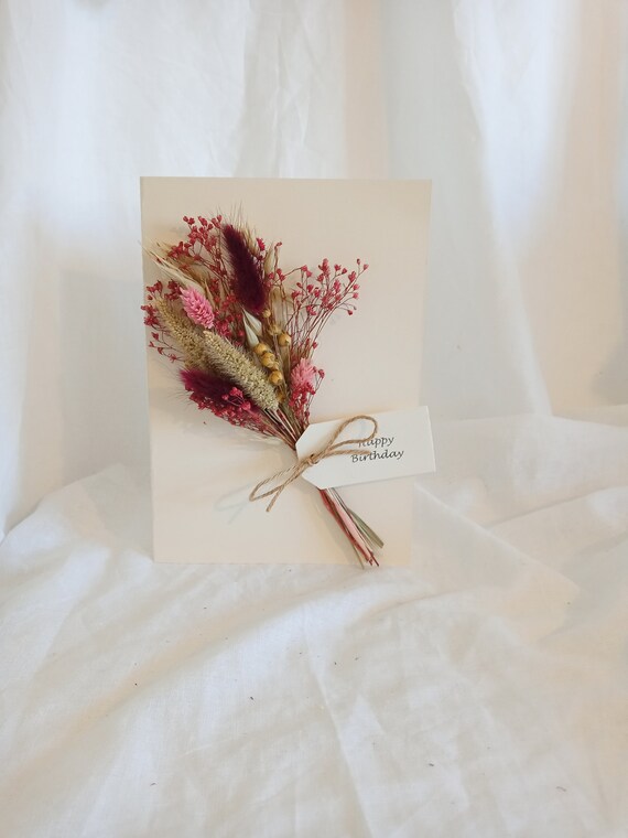 Dried flower card in dark pinks, dried flower greeting card, dried flower occasion card, dried flower letterbox card with tag choice