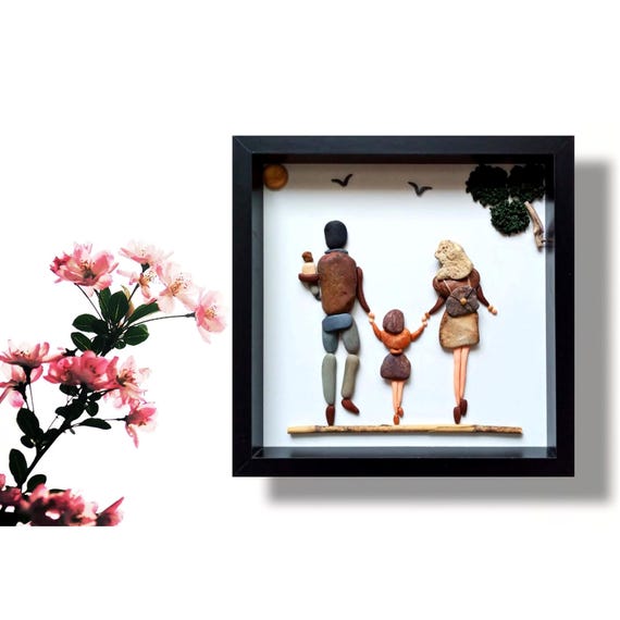 Personalized Family Pebble Art, Custom Family Gift with Child, Unique Stone Art Wall Decor, Handmade Housewarming Gift, Framed Pebble Art