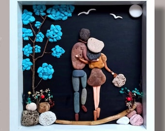 Personalized couple pebble art, Custom romantic anniversary gift for boyfriend or girlfriend, Unique stone picture, Couple stone picture