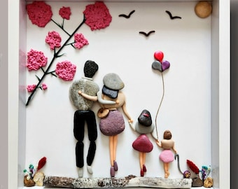 Handmade Family Pebble Art Shadow Box: Custom Stone Family Portrait