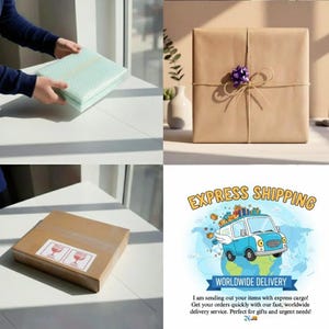 May include: A square package wrapped in light green bubble wrap, a square brown paper gift box tied with twine and a purple bow, a brown cardboard shipping box with fragile labels, and a graphic illustration of a delivery van with text.