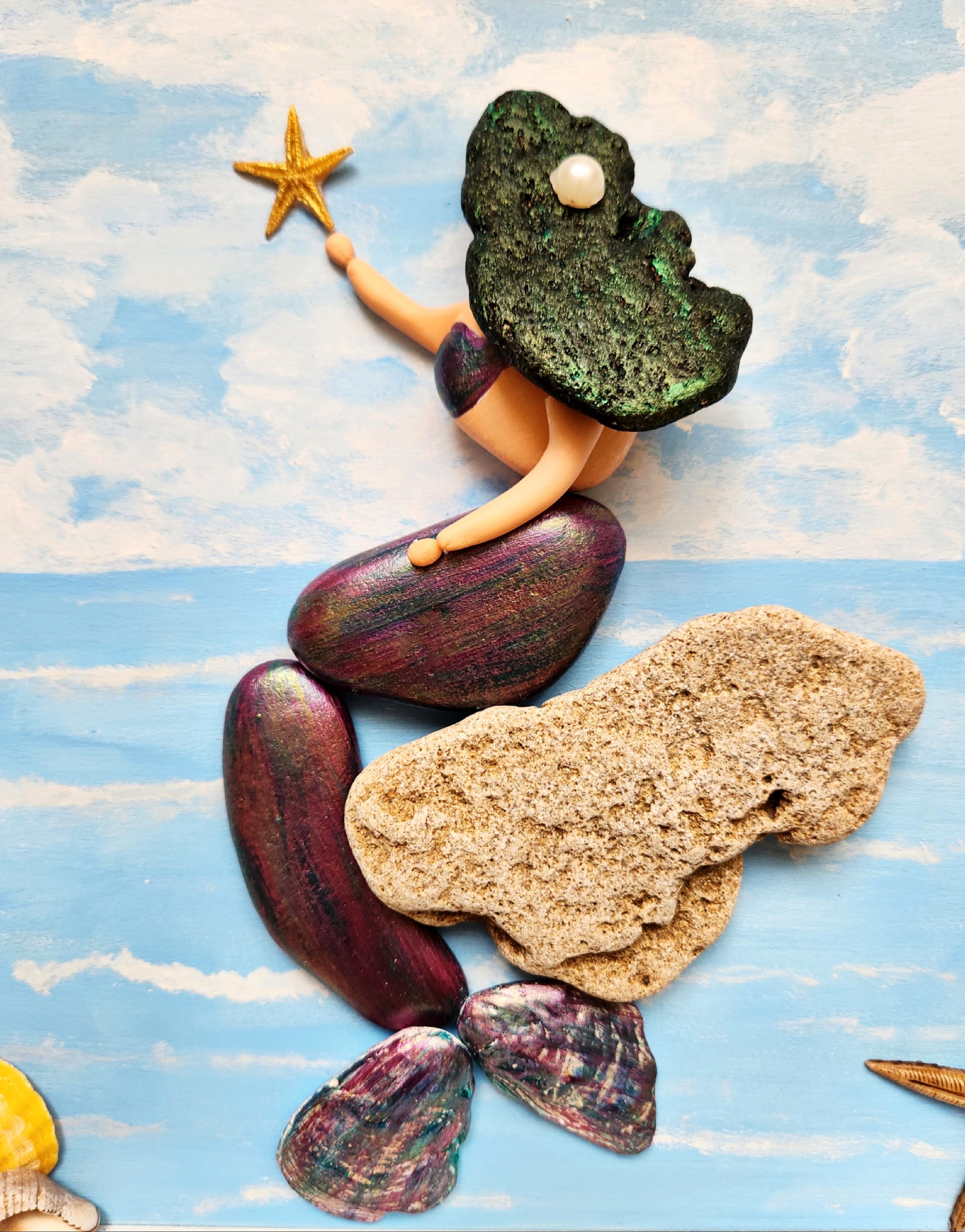Handmade Mermaid Stone Art: Seashell Beach House Decor - Etsy