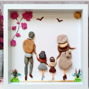 Pebble Art Family – Handmade Stone Picture with Kids – Customizable Family Gift – Wall Frame for Home DecorMother&#39;s Day Gift - Gift for Mom