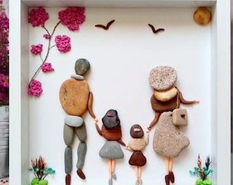 Custom Pebble Art Family Portrait | Handmade Stone Wall Decor