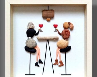 Friend pebble picture, Friendship celebration, Cheers Wine Glass, Fun gift, Sister birthday gift, Goblet and celebration, Stone art pictures