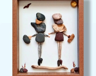 Gift for girlfriend , Gift for sister, Stone art friends, Pebble art decoration brown frame gift object birthday present wall accessory art