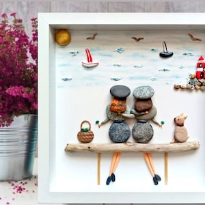 Pebble Art, Personalized Gift for Friend, Sea View, Gift for Sister, Rock Art Frame, Unique Artwork, Wall Art Decoration, Pebble Frame