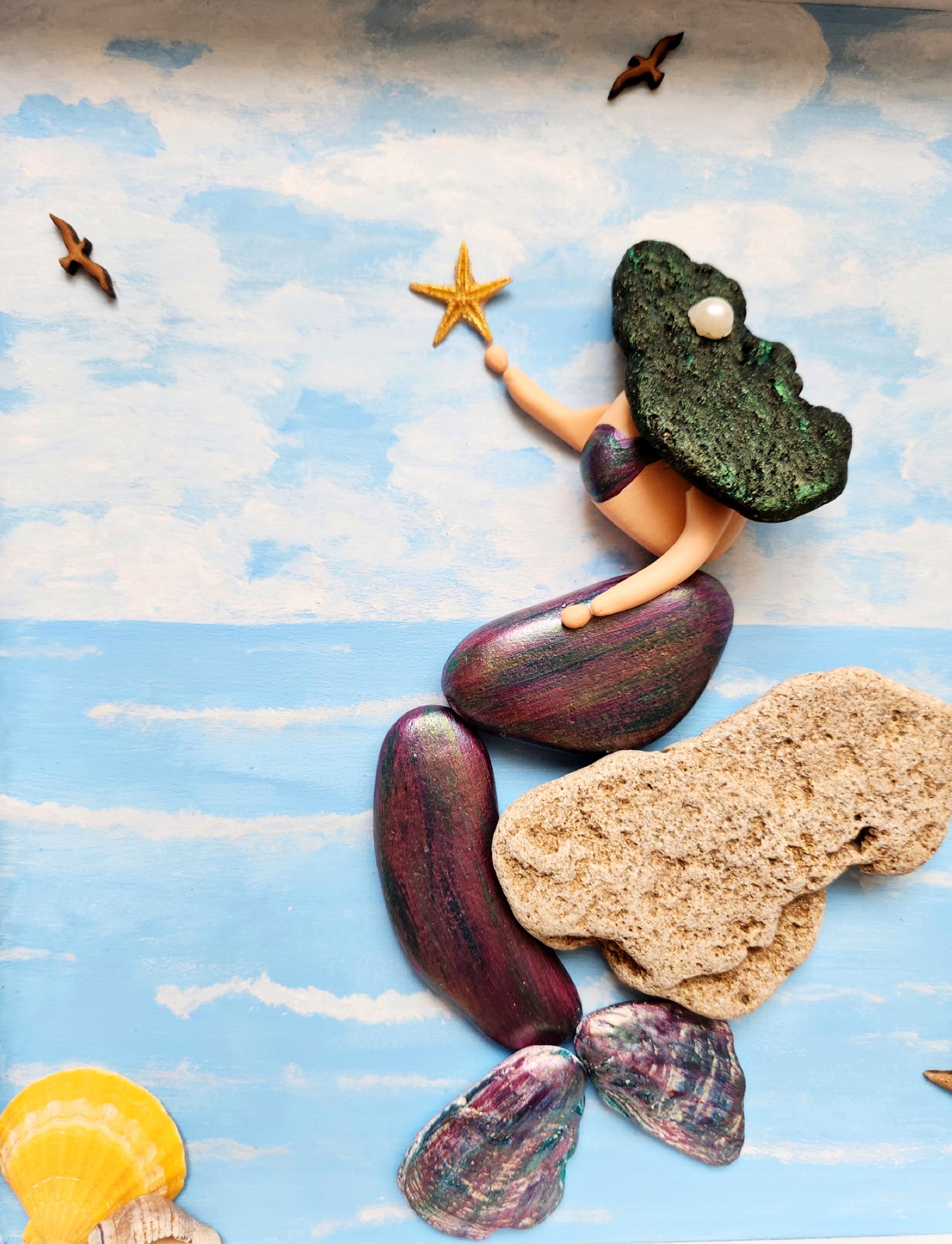 Handmade Mermaid Stone Art: Seashell Beach House Decor - Etsy