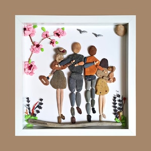 Family Pebble Painting, Pebble people, Rock art paintings, Family of 4 and their dog, Pet portrait, Pebble art dog