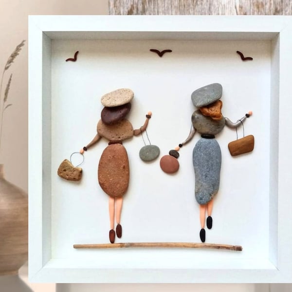 Cuadro de amigos con arte de guijarros, hecho a mano a medida, regalo para mejores amigos con arte rupestre, viaje de compras, salida de novia, regalo de cumpleaños, regalo para novia