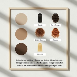 May include: A customization chart for pebble art featuring three circular skin tone swatches in light, medium, and dark shades. Beside these are five hair style and color options labeled Black, Dark Brown, Light Brown, Ginger, and Blonde.